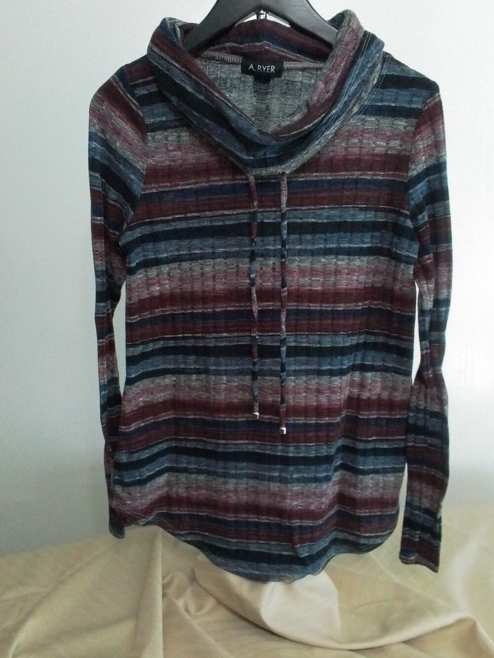 A. Byer Striped Cowl Neck Knit Top - Navy & Burgundy